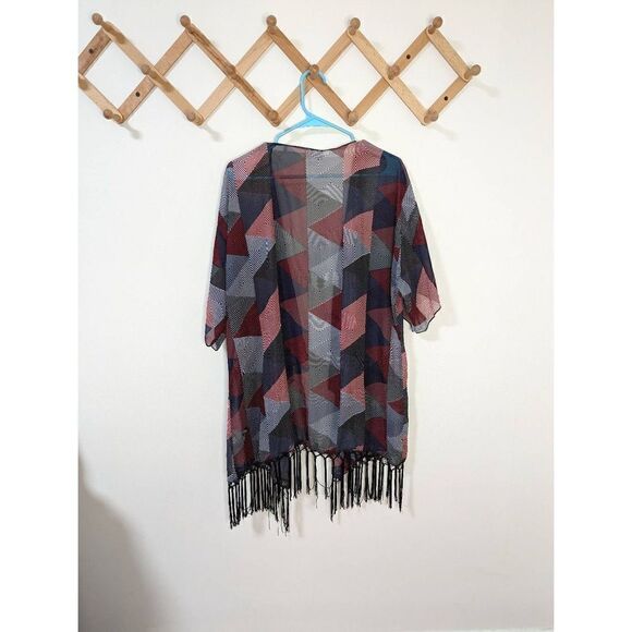 Lularoe Geometric Red White Blue Grey Kimono with Black Fringe - Picture 7 of 9